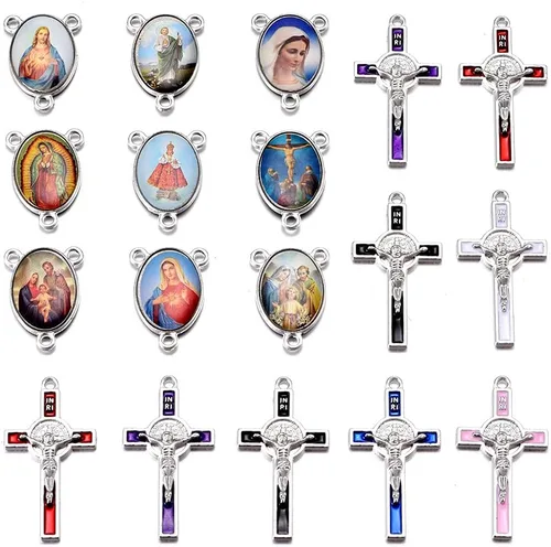 Juego de 60 unidades de 30 piezas de rosario, cruz y centro de medalla, dijes de aleación, esmalte de religión, imagen de Jesús, Virgen de