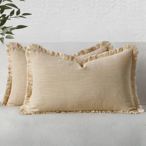 Miniatura 46 de MIULEE Juego de 2 fundas de almohada decorativas de lino neutro con flecos, fundas de cojín de estilo bohemio con borlas para sofá, cama, sala