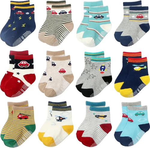 Miniatura 26 de Calcetines antideslizantes con agarre para tobillos, paquete de 12 unidades para niños pequeños, niños y niñas, lindos calcetines de algodón