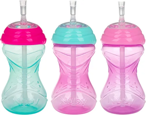 Miniatura 10 de Nuby Vaso antiderrames con popote flexible (paquete de 3) botellas de 10 onzas, vasos para sorber para niños pequeños de 12 meses en adelante, tazas