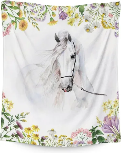 Manta de caballo para regalo, 30 x 40 pulgadas, bonita manta para niñas y niños, manta blanca de felpa suave y mullida para sofá, oficina