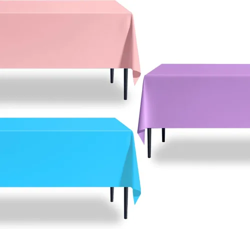 Paquete de 3 manteles de plástico desechables de 54 x 108 pulgadas, color morado claro, azul claro, rosa claro, para mesas de 6 a 8 pies, fiestas de