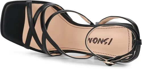 Miniatura 5 de ISNOM Tacones gruesos de plataforma para mujer, sandalias de tacón de bloque con punta cuadrada abierta y correa de tobillo