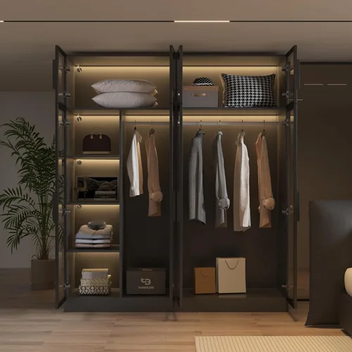 Miniatura 3 de Armario de ropa con tiras de luz LED, moderno armario con puertas de vidrio, armario grande de 59.1" de ancho para dormitorio con estante y varillas