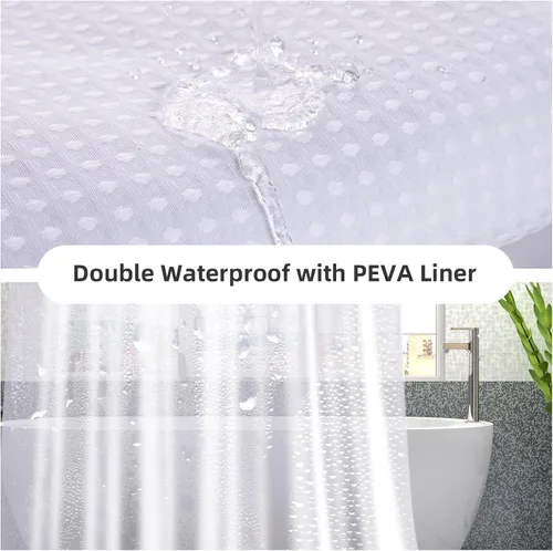 Miniatura 3 de LaCyan Cortina de ducha impermeable de punto gofre, juego de 3 piezas resistente de 258 GSM con forro transparente y 12 ganchos de acero inoxidable