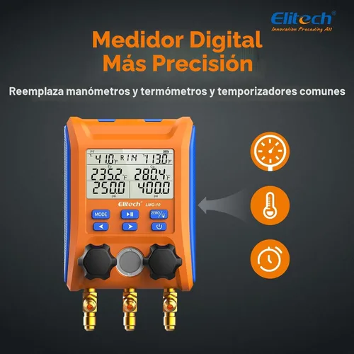 Miniatura 3 de Elitech Válvula de 2 vías de manómetro digital con abrazaderas de termómetro para sistemas HVAC, LMG-10