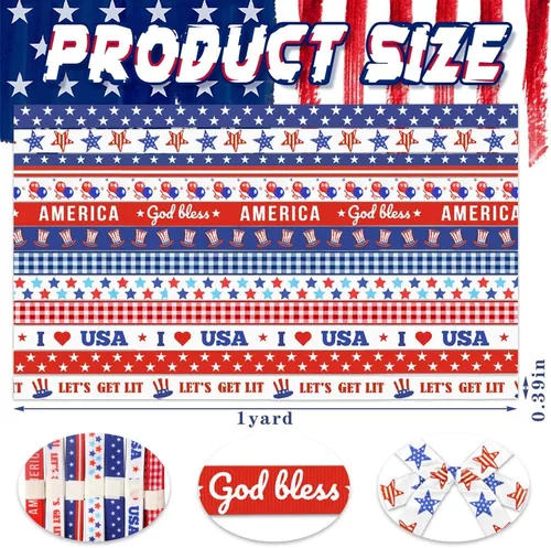 Miniatura 2 de Threetols Cintas patrióticas del 4 de julio de 12 yardas, 3/8 pulgadas de estrellas patrióticas de Estados Unidos, cintas de grogrén de búfalo rojo