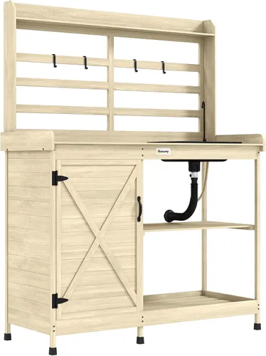 Miniatura 10 de Outsunny Banco de Jardinería Exterior de Madera con Mesa y Fregadero y Grifo, Estación de Trabajo de Jardín con Gabinete de Almacenamiento, Estantes