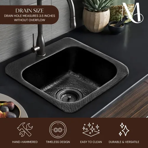 Miniatura 6 de Monarch Abode Fregadero de cocina y bar – Fregadero de barra pequeño Baxter de 15 pulgadas, fregadero de aluminio negro mate martillado a mano