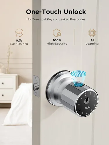 Miniatura 4 de TCL K1 - Pomo de puerta inteligente de huellas dactilares, entrada biométrica sin llave de 0.3s, acceso 4 en 1 con control de aplicación