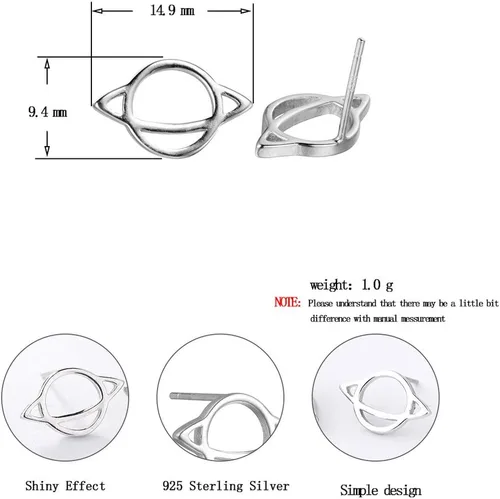 Miniatura 2 de Pendientes de tuerca únicos de plata de ley 925 con dije de Saturno para mujeres y niñas, Plata de ley Zinc Cobre