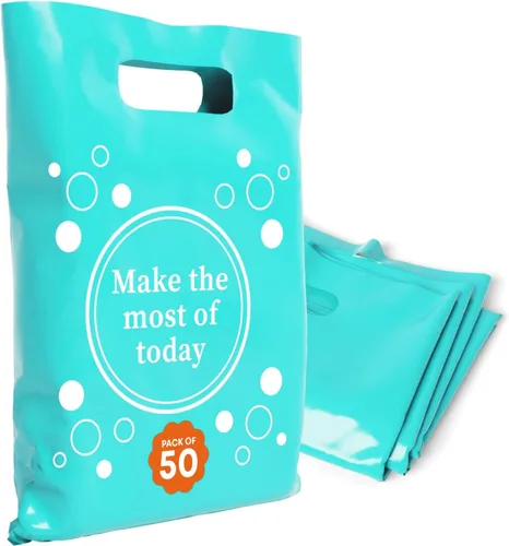 Miniatura 20 de Bolsas de plástico con asas – Bolsas de mercancía de 12 x 15 pulgadas para pequeñas empresas – Bolsas troqueladas para compras minoristas y Negro