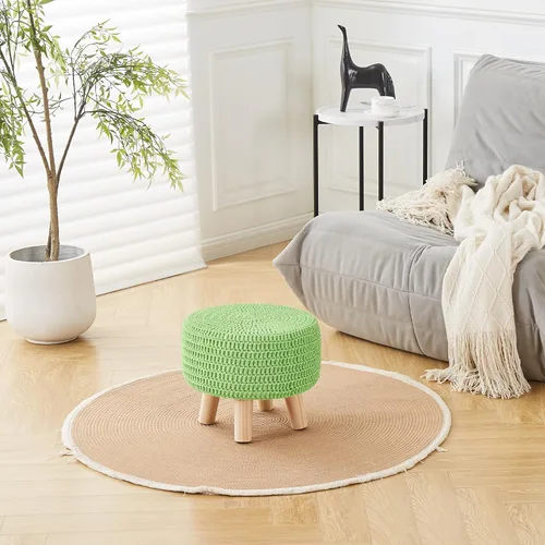 Miniatura 6 de Wimarsbon Puf otomano, reposapiés bohemio de punto 100% algodón, reposapiés redondo con patas de madera antideslizantes, decoración del hogar, puf