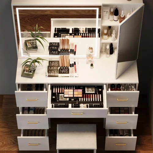 Miniatura 3 de Wildhome - Tocador con espejo y luces, mesa de maquillaje con 7 cajones y taburete acolchado, gabinete oculto, brillo ajustable, tocador