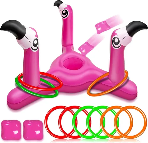Juego de juguetes inflables de flamenco 2 en 1 para lanzar y lanzar anillos. Juego de juguetes inflables de flamenco para piscina y cornhole, para