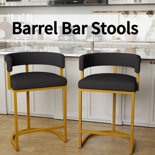 Miniatura 5 de Modern Barrel - Juego de 2 taburetes de bar de terciopelo de 24 pulgadas con respaldo y brazos cómodos, silla de isla de cocina tapizada de sherpa