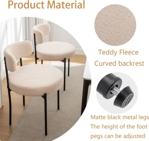 Miniatura 3 de Riknuxi Sillas de Comedor Boucle Juego de 2, Sillas de Comedor Redondas Tapizadas con Patas de Metal Negro, Sillas de Comedor Modernas para Comedor