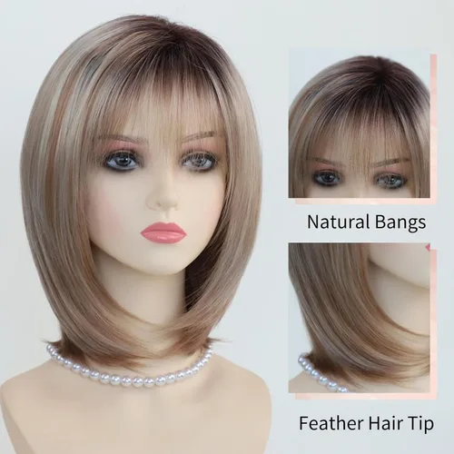 Miniatura 4 de RENERSHOW Pelucas rubias en capas para mujeres blancas con flequillo, peluca de pelo corto lacio, peluca sintética de color rubio degradado