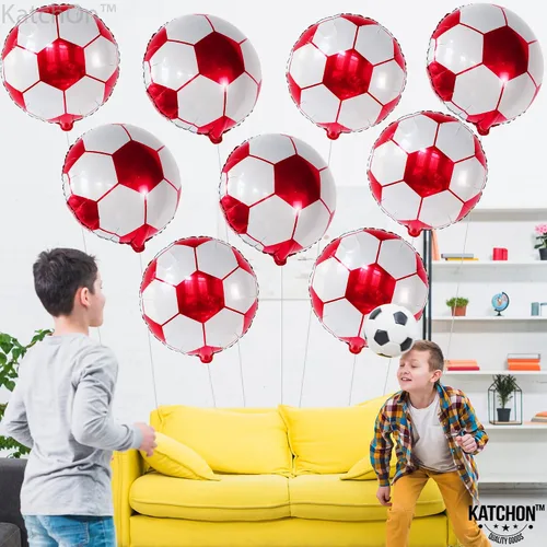 Miniatura 8 de Paquete de 20 globos metálicos de fútbol de 18 pulgadas, suministros de fiesta de cumpleaños de fútbol, globos redondos de papel de aluminio de bola