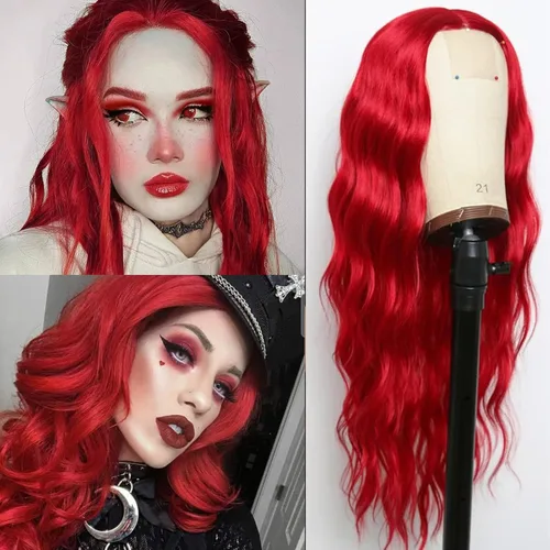 Peluca de cabello sintético ondulado rojo con raya en el medio, peluca de encaje ondulado natural rojo de 24 pulgadas para mujer, para uso diario,