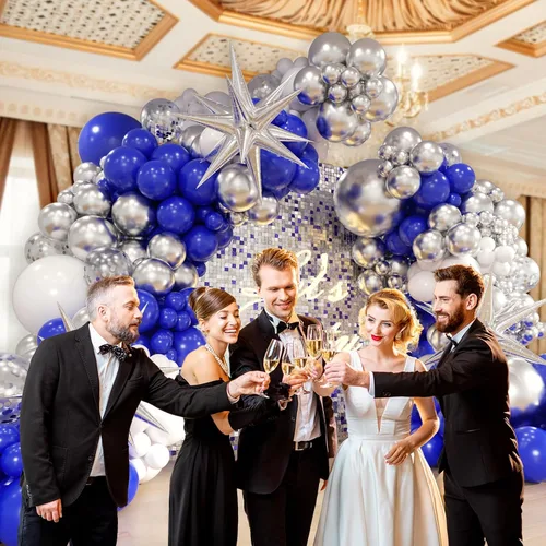 Miniatura 5 de FOTIOMRG Kit de arco de guirnalda de globos azul real y plateado de 131 piezas, globos azul real blanco plateado de confeti para decoraciones