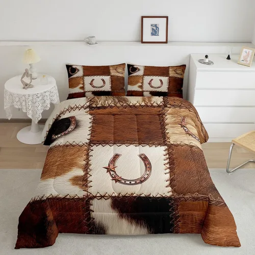 Miniatura 2 de Juego de ropa de cama de cuero de vaca occidental, juego de edredón dorado con diseño de herradura de estrellas de Texas, diseño de retazos de Multi