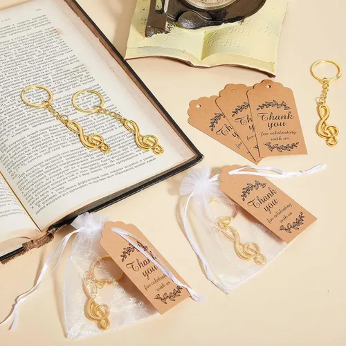 Miniatura 7 de Taiyin Juego de 15 llaveros de notas musicales con bolsas de organza, baratijas de metal g para decoración de recuerdos de fiesta de boda (dorado)