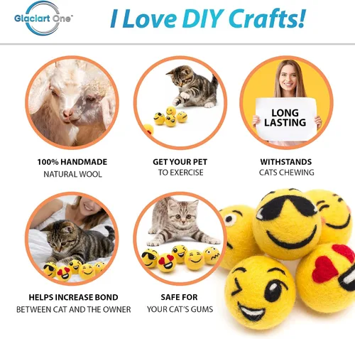 Miniatura 2 de Glaciart One Juguete de lana con emoji para gatos, 5 piezas con hierba gatera, enriquecimiento suave y mullido, juguete para gatos de fieltro 100%