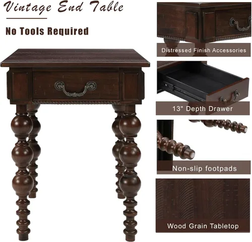Miniatura 4 de Homora Mesa auxiliar rectangular de madera con cajón de almacenamiento, mesa de cóctel vintage con patas de madera maciza en forma de calabaza, mesa