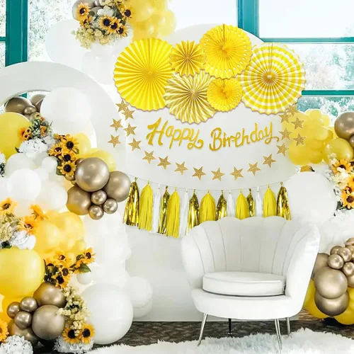 Miniatura 2 de Decoraciones de cumpleaños amarillas para mujer, 33 piezas, decoración de fiesta amarilla para niña con pancarta y abanicos de papel colgantes