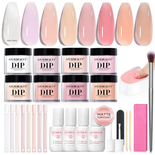 AZUREBEAUTY Kit de uñas en polvo de inmersión, gelatina translúcida blanca lechosa, rosa desnudo, neutro, claro, 8 colores, juego de polvo de