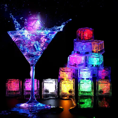 Miniatura 9 de Cubos de hielo iluminados para bebidas azules, 12 cubos de hielo LED activados por líquidos, brillan en la oscuridad impermeables, suministros