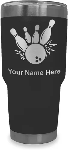 Miniatura 33 de LaserGram Vaso aislado al vacío de 20 onzas, bola de boliche y alfileres, grabado personalizado incluido (negro)