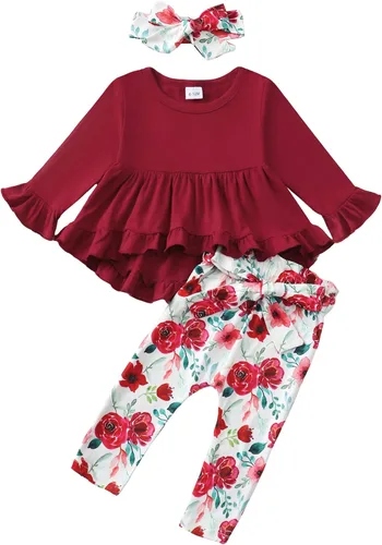 Miniatura 90 de Kucnuzki Conjunto de ropa para bebé niña pequeña, camisa de manga con volantes, pantalón floral, ropa de otoño e invierno para niña