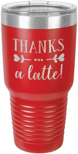 Miniatura 14 de Taza de viaje de acero inoxidable con tapa superior deslizante y pajita con texto en inglés "THANKS A LATTE 30oz Taza de viaje", compara con Yeti