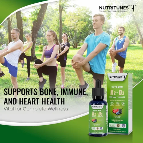 Miniatura 3 de Gotas líquidas K2 D3 – Vitamina D3 10,000 UI y vitamina K2 200 mcg – Suplemento de alta potencia para la salud ósea, inmune y cardíaca – Sabor mixto