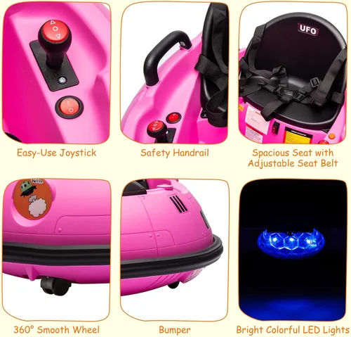 Miniatura 3 de Coche de parachoques eléctrico de 12 V para niños pequeños, con control remoto, giro de 360 grados, luces LED, joysticks duales, cinturón de Rosa
