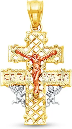 Sonia Jewels Colgante de cruz de crucifijo católico de Caravaca con adorno de milgrain de oro de 14 quilates con ángel querubín (0.984x0.630 in),