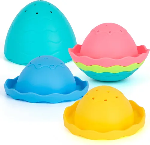 Miniatura 3 de ArtCreativity Juguetes apilables de baño y piscina para niños pequeños – Juego de juguetes de agua anidables de 7 piezas con agujeros de drenaje