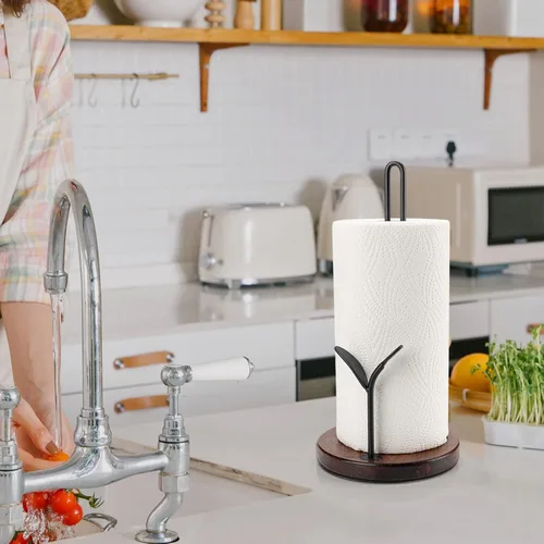 Miniatura 6 de Soporte para toallas de papel, soporte para toallas de papel de madera, fácil de rasgar con una sola mano, soporte de rollo de papel rústico