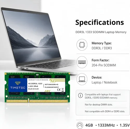 Miniatura 8 de Timetec 4 GB DDR3 / DDR3L 1333MHz PC3-10600 sin ECC sin búfer 1.5 V/1.35 V CL9 2Rx8 de doble rango baja densidad 204 pines SODIMM portátil portátil