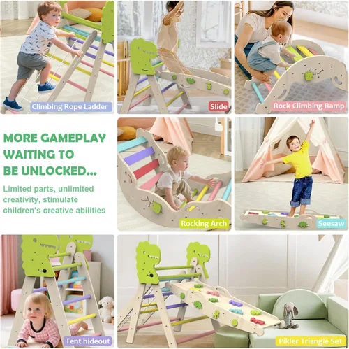 Miniatura 3 de Conjunto de Triángulo Pikler con Cojín, 12 en 1 Juguetes Montessori para Niños Pequeños Gimnasio de Escalada Interior para Bebés Conjunto