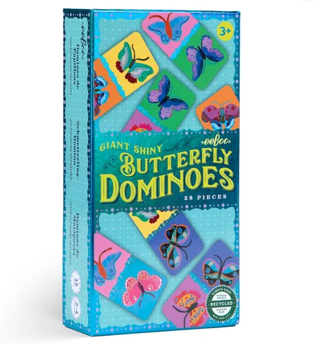 eeBoo Dominó de mariposa brillante gigante – 28 azulejos de gran tamaño, lámina holográfica colorida, juego de colocación de azulejos, diversión sin