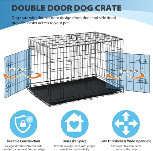 Miniatura 6 de BestPet Jaula para perros de 42 pulgadas Negro Perrera de metal plegable con puertas individuales, pestillos seguros de perno deslizante, 2-Negro