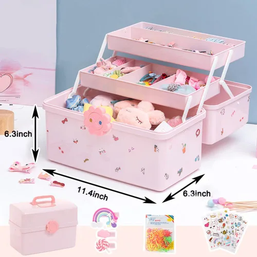 Miniatura 5 de MASKMELLOW Shapeazy - Organizador de accesorios para el cabello para niñas, caja de plástico de 3 capas con bandeja plegable y asa, contenedor