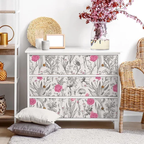 Miniatura 7 de VEELIKE Papel tapiz de dibujo floral gris para despegar y pegar, papel tapiz de flores rosas de 17.7 x 118 pulgadas, papel de pared botánico vintage