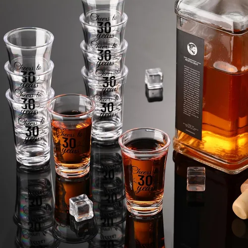 Miniatura 2 de Sliner Paquete de 48 vasos de chupito de cumpleaños a granel de 1.4 onzas con texto en inglés "Cheers to 30/40/50/60/70/80 años", base gruesa Negro