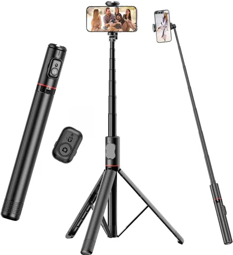 Trípode para selfie stick para iPhone, trípode ligero de 72 pulgadas con control remoto inalámbrico y soporte de zapata fría, palo selfie extensible