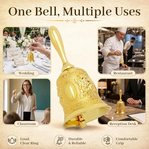 Miniatura 3 de DomeStar Campana de Mano Dorada, Grabada para Boda, Escuela, Navidad, Alarma y Campana para Acostados Dorado