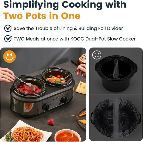 Miniatura 6 de KOOC Olla de cocción lenta doble pequeña, servidor de buffet y calentador, 2 ollas mini con 3 temperaturas ajustables individuales, ollas cerámicas